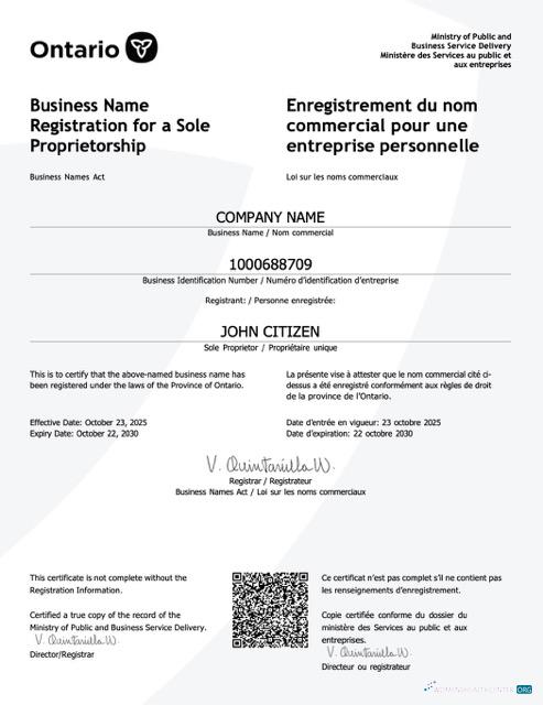Canada Ontario certificate of business name registration Word and PDF template